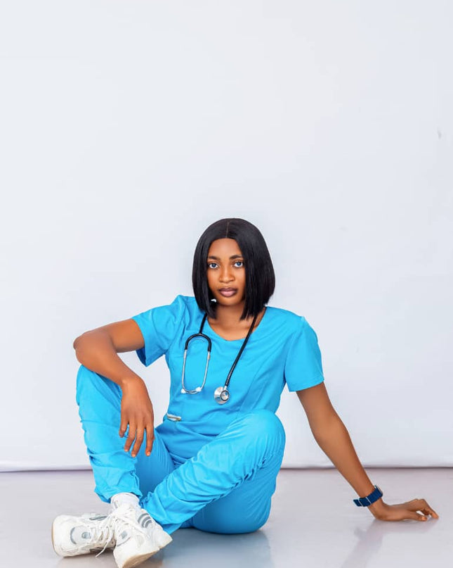 Women's elastic scrub Ruffle stacked pant scrubs sets.