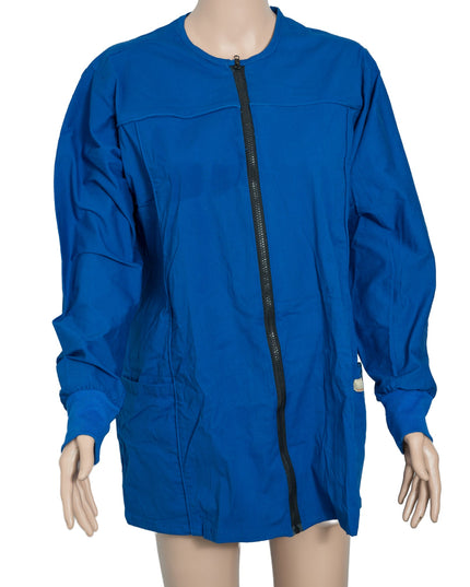 Unisex stretch scrub jacket 3 pocket solid full sleeve with rib and zip in