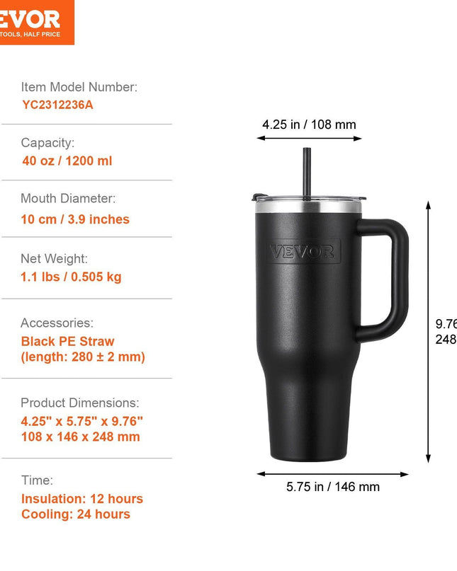40 oz tumbler Insulated rambler Stainless Steel Coffee Cup Handheld Black